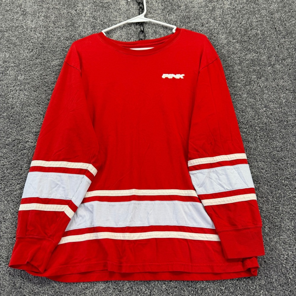 PINK Victoria Secret Long Sleeve Shirt Womens Large Red Striped Hockey Jersey
